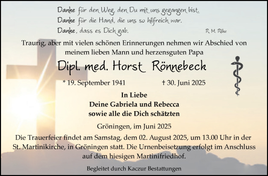 Traueranzeige von Horst Rönnebeck von Volksstimme Oschersleben/Wanzleben