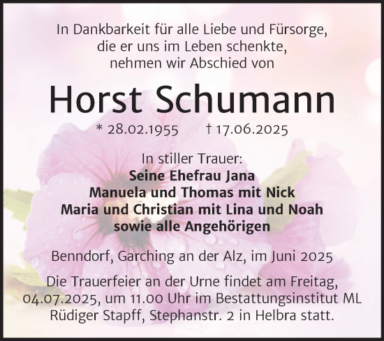 Traueranzeige von Horst Schumann von Trauerkombi Mansfelder Land