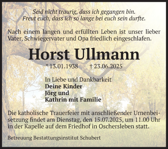 Traueranzeige von Horst Ullmann von Volksstimme Haldensleben/Wolmirstedt