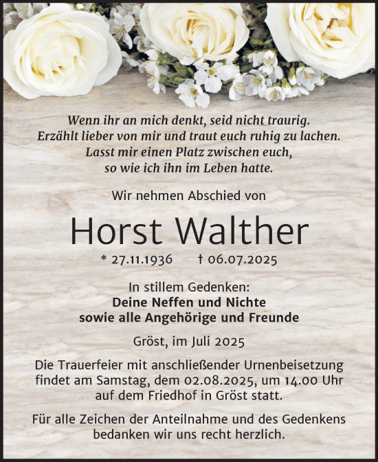 Traueranzeige von Horst Walther von Trauerkombi Merseburg