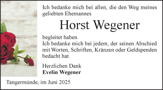 Traueranzeige von Horst Wegener von Volksstimme Altmark Ost