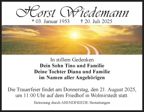 Traueranzeige von Horst Wiedemann von Volksstimme Haldensleben/Wolmirstedt