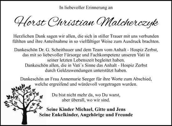 Traueranzeige von Horst Christian Malcherczyk von Trauerkombi Dessau