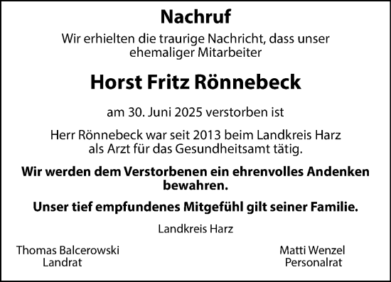 Traueranzeige von Horst Fritz Rönnebeck von Volksstimme Oschersleben/Wanzleben