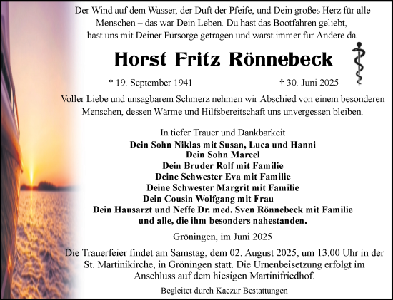 Traueranzeige von Horst Fritz Rönnebeck von Volksstimme Oschersleben/Wanzleben