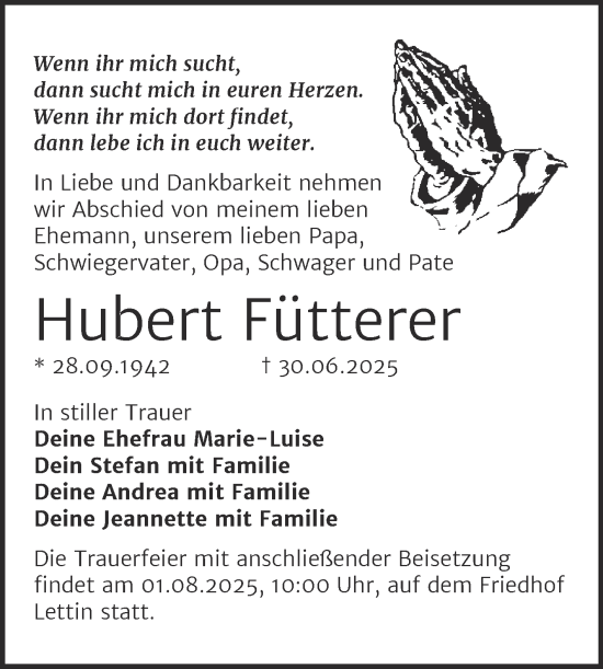 Traueranzeige von Hubert Fütterer von Mitteldeutsche Zeitung Halle/Saalkreis