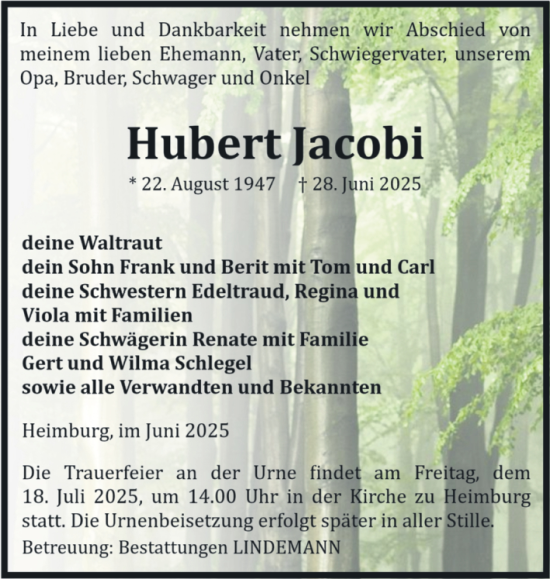 Traueranzeige von Hubert Jacobi von Volksstimme Wernigerode