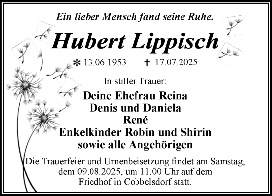 Traueranzeige von Hubert Lippisch von Trauerkombi Wittenberg