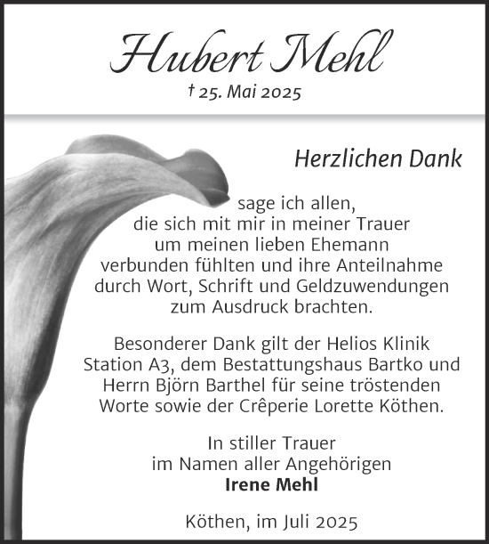 Traueranzeige von Hubert Mehl von Trauerkombi Köthen