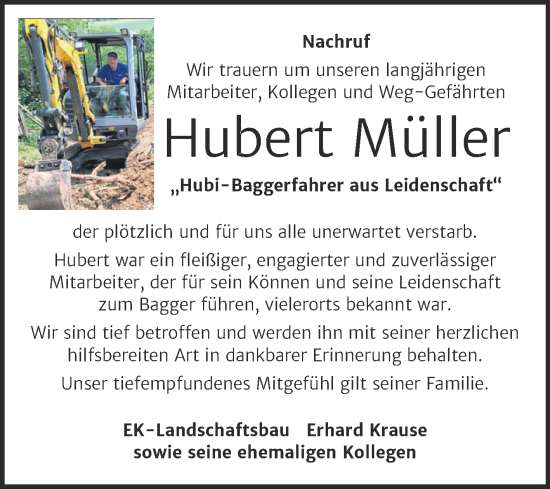Traueranzeige von Hubert Müller von Super Sonntag Naumburg/Nebra