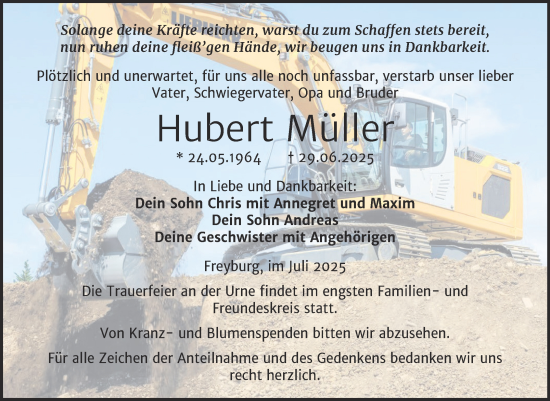 Traueranzeige von Hubert Müller von Super Sonntag Naumburg/Nebra