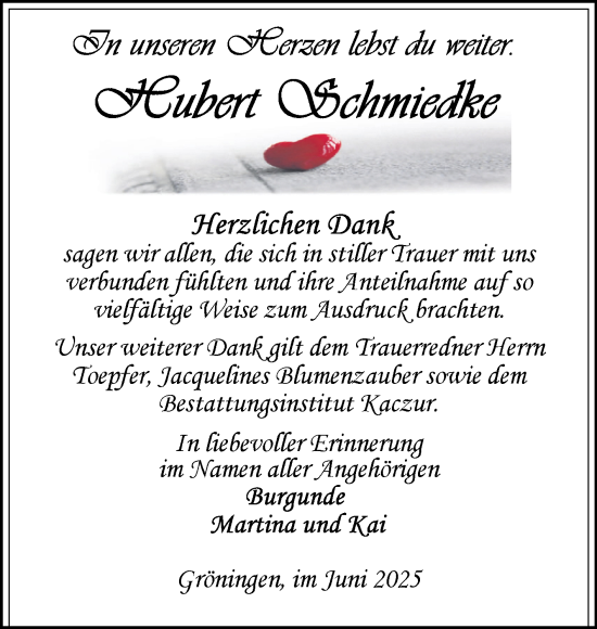 Traueranzeige von Hubert Schmiedke von Volksstimme Oschersleben/Wanzleben