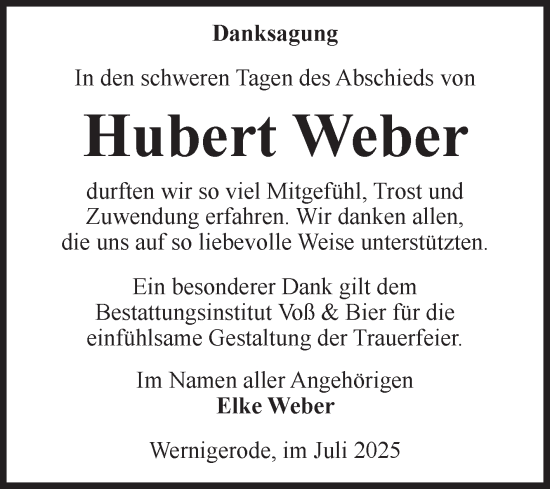 Traueranzeige von Hubert Weber von Volksstimme Wernigerode