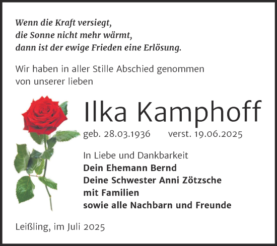 Traueranzeige von Ilka Kamphoff von Trauerkombi Weißenfels