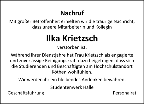 Traueranzeige von Ilka Krietzsch von Mitteldeutsche Zeitung Köthen