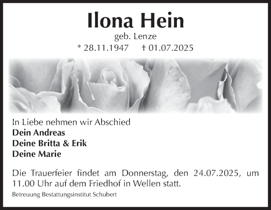 Traueranzeige von Ilona Hein von Volksstimme Haldensleben/Wolmirstedt