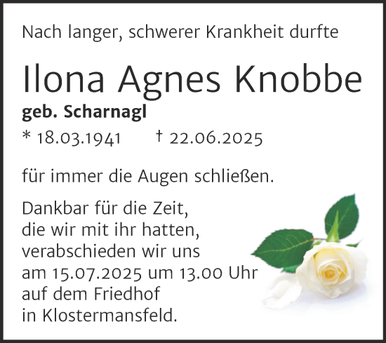 Traueranzeige von Ilona Agnes Knobbe von Trauerkombi Mansfelder Land