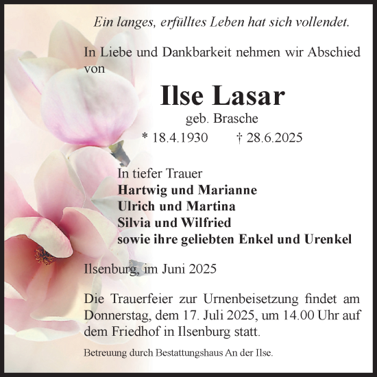 Traueranzeige von Ilse Lasar von Volksstimme Wernigerode