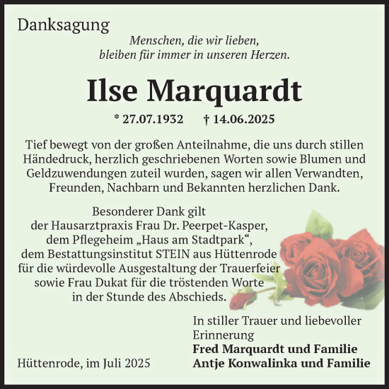 Traueranzeige von Ilse Marquardt von Volksstimme Wernigerode