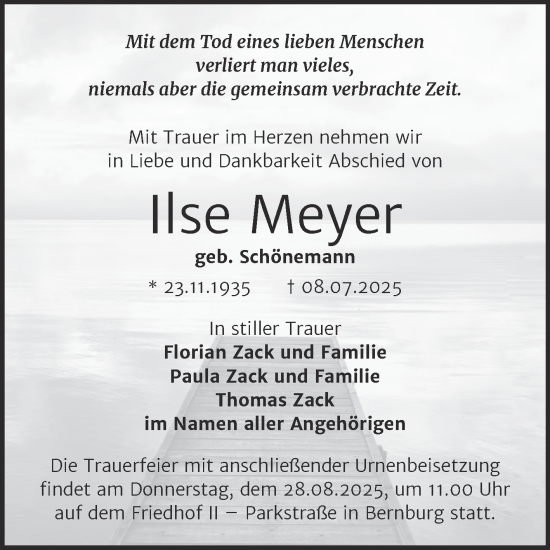 Traueranzeige von Ilse Meyer von Trauerkombi Bernburg