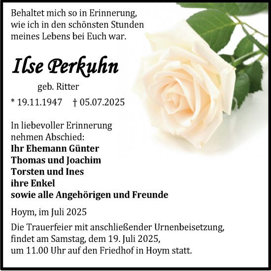 Traueranzeige von Ilse Perkuhn von Trauerkombi Aschersleben
