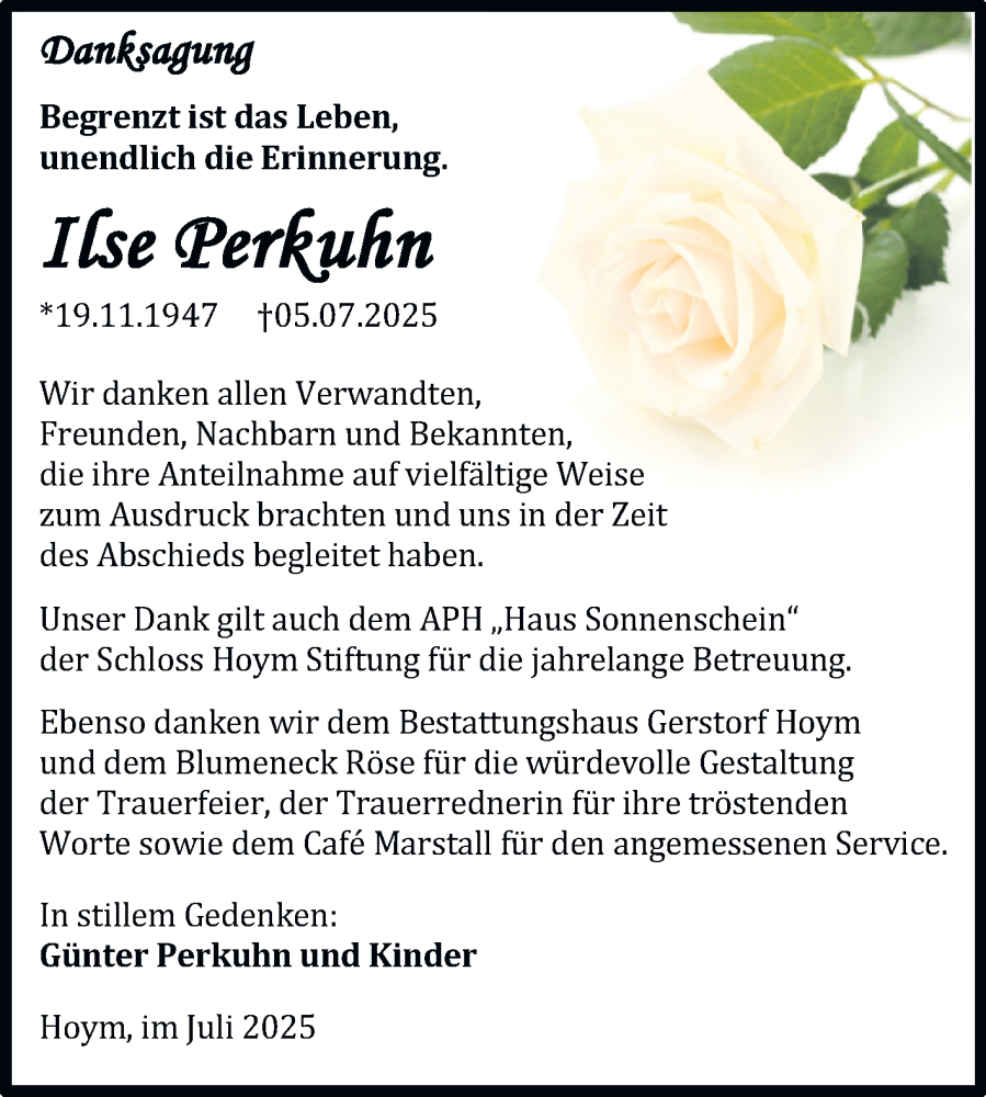  Traueranzeige für Ilse Perkuhn vom 26.07.2025 aus Trauerkombi Aschersleben