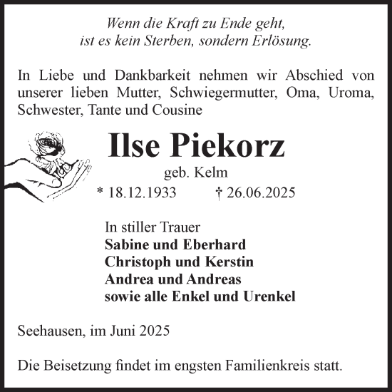 Traueranzeige von Ilse Piekorz von Volksstimme Altmark Ost