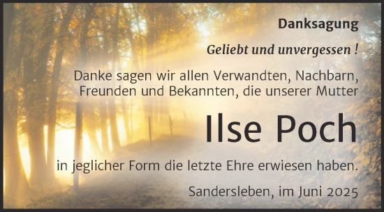 Traueranzeige von Ilse Poch von Trauerkombi Mansfelder Land