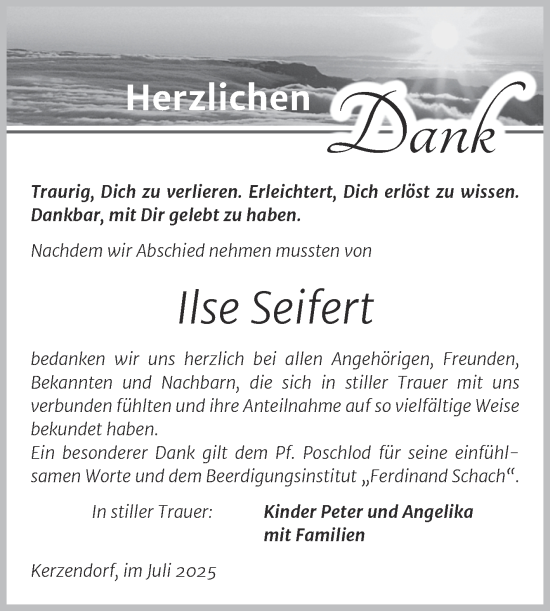 Traueranzeige von Ilse Seifert von Trauerkombi Wittenberg