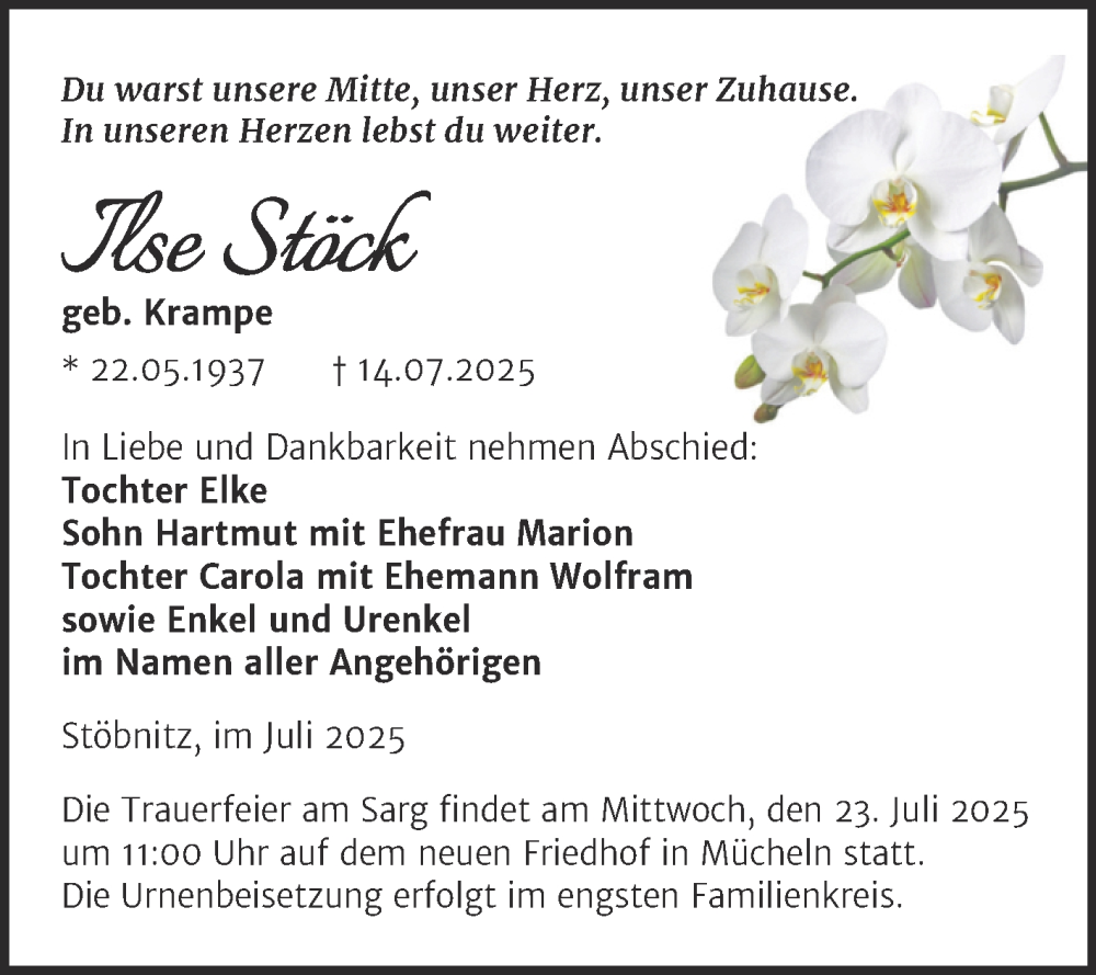  Traueranzeige für Ilse Stöck vom 19.07.2025 aus Trauerkombi Merseburg