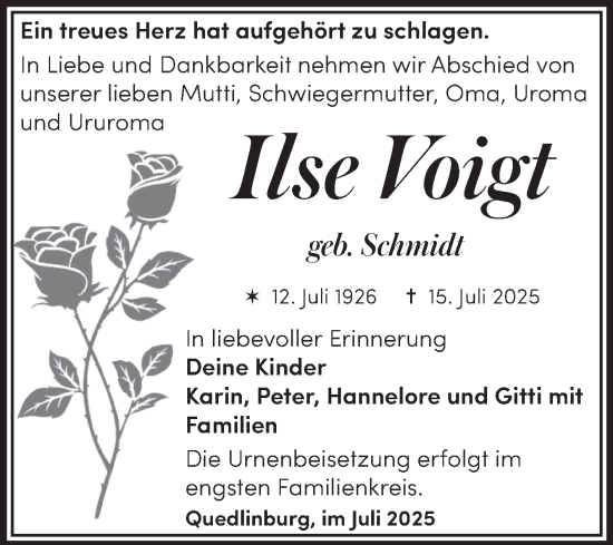 Traueranzeige von Ilse Voigt von Trauerkombi Quedlinburg