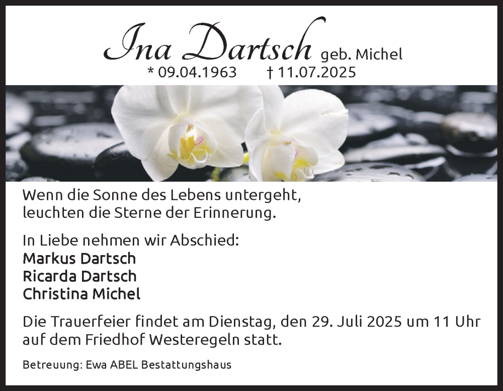  Traueranzeige für Ina Dartsch vom 19.07.2025 aus Volksstimme Staßfurt