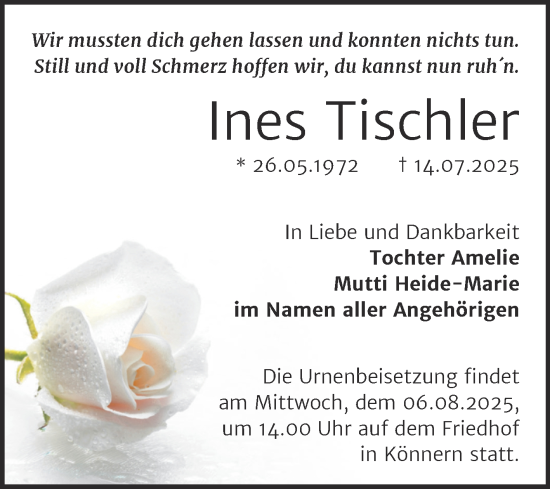 Traueranzeige von Ines Tischler von Trauerkombi Bernburg