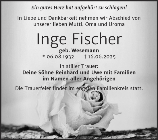 Traueranzeige von Inge Fischer von Trauerkombi Bitterfeld