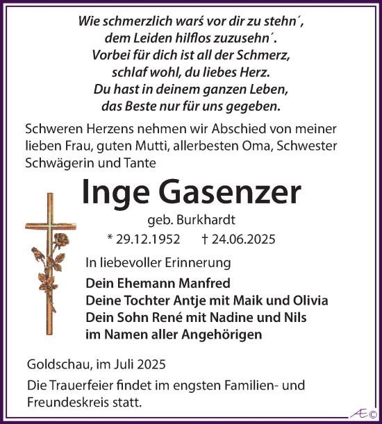 Traueranzeige von Inge Gasenzer von Trauerkombi Zeitz