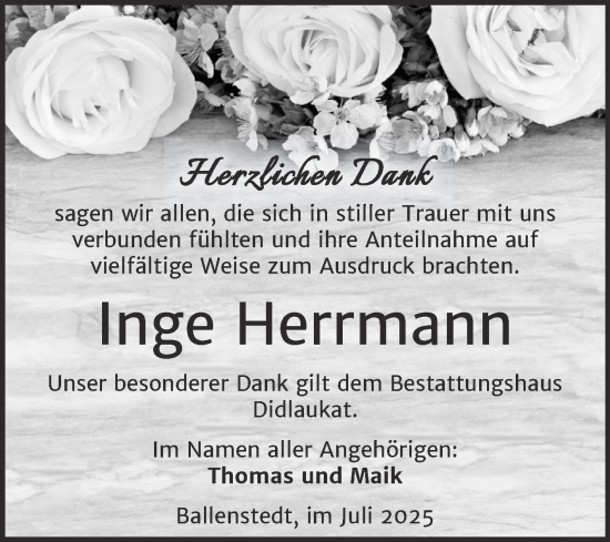Traueranzeige von Inge Herrmann von Trauerkombi Quedlinburg
