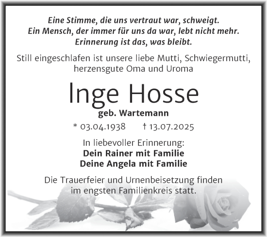 Traueranzeige von Inge Hosse von Trauerkombi Mansfelder Land
