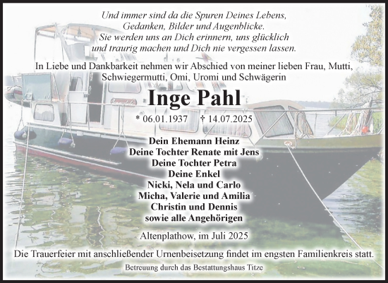 Traueranzeige von Inge Pahl von Volksstimme Burg/Genthin