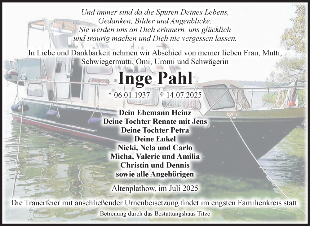  Traueranzeige für Inge Pahl vom 26.07.2025 aus Volksstimme Burg/Genthin