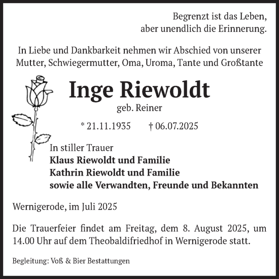 Traueranzeige von Inge Riewoldt von Volksstimme Wernigerode