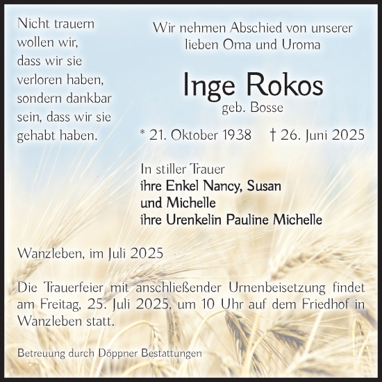 Traueranzeige von Inge Rokos von Volksstimme Oschersleben/Wanzleben