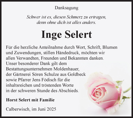 Traueranzeige von Inge Selert von Volksstimme Altmark Ost