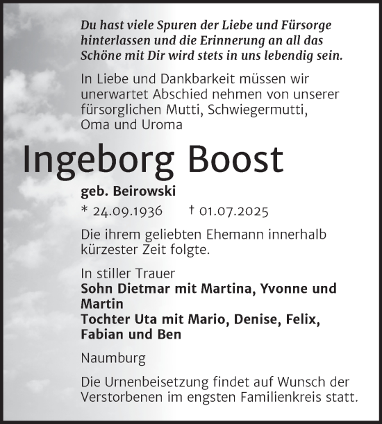 Traueranzeige von Ingeborg Boost von Naumburger Tageblatt