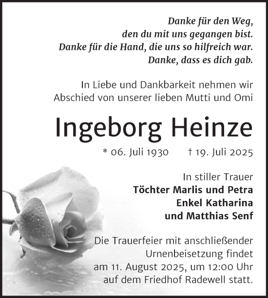 Traueranzeige von Ingeborg Heinze von Mitteldeutsche Zeitung Halle/Saalkreis