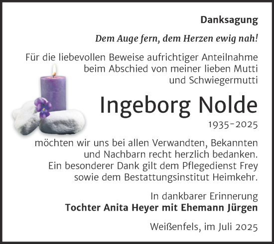 Traueranzeige von Ingeborg Nolde von Trauerkombi Weißenfels