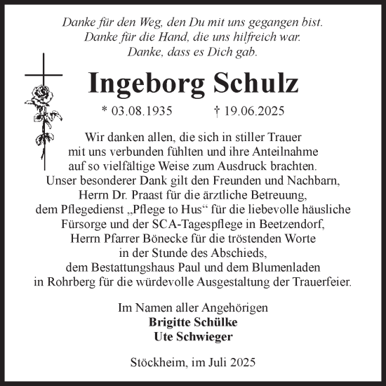 Traueranzeige von Ingeborg Schulz von Volksstimme Altmark West