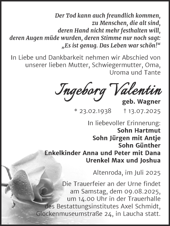 Traueranzeige von Ingeborg Valentin von Super Sonntag Naumburg/Nebra