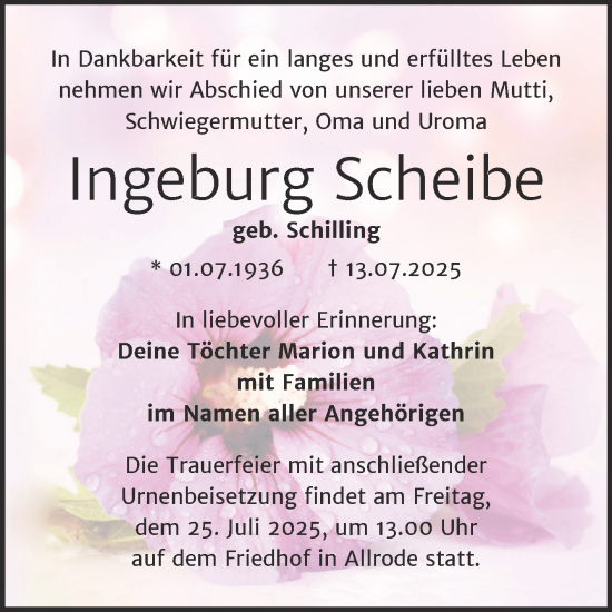 Traueranzeige von Ingeburg Scheibe von Mitteldeutsche Zeitung Quedlingburg