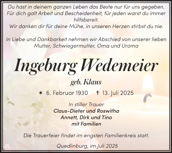 Traueranzeige von Ingeburg Wedemeier von Trauerkombi Quedlinburg