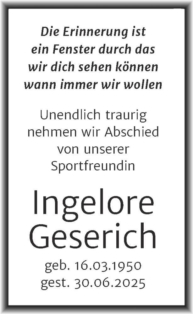  Traueranzeige für Ingelore Geserich vom 19.07.2025 aus Super Sonntag Mansfelder Land